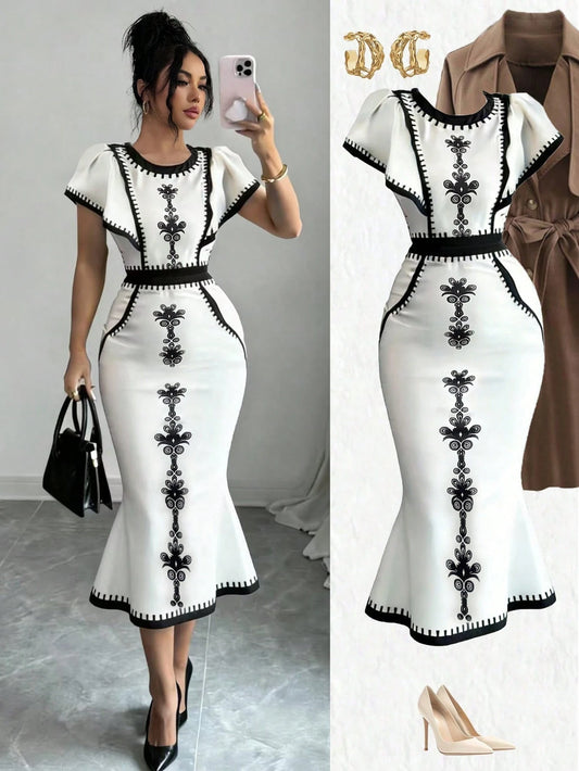Elenzga Women's Floral Print Round Neck Patchwork Ruffle Hem Fitted Midi Dress