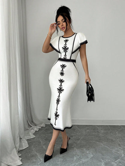 Elenzga Women's Floral Print Round Neck Patchwork Ruffle Hem Fitted Midi Dress