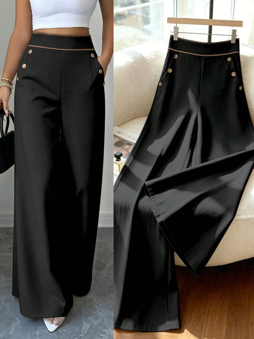 Elenzga Women's Pocket Zipper Button Wide Leg Solid Color Long Pants