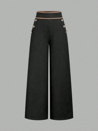 Elenzga Women's Pocket Zipper Button Wide Leg Solid Color Long Pants