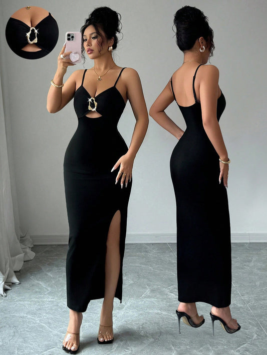 Elenzga Women's Sexy Black Solid Color Spaghetti Strap Slit Slim Long Dress, Summer