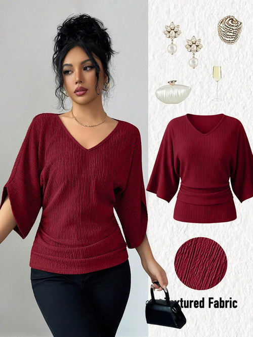 Elenzga Women's Solid Color Textured Fabric V-Neck Loose Waist Ruched Design Elegant T-Shirt, High-Quality Gift For Birthday, Date, Party In Autumn