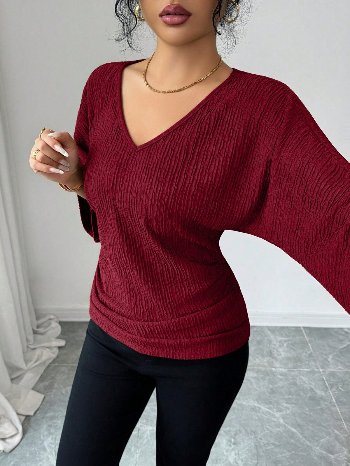 Elenzga Women's Solid Color Textured Fabric V-Neck Loose Waist Ruched Design Elegant T-Shirt, High-Quality Gift For Birthday, Date, Party In Autumn