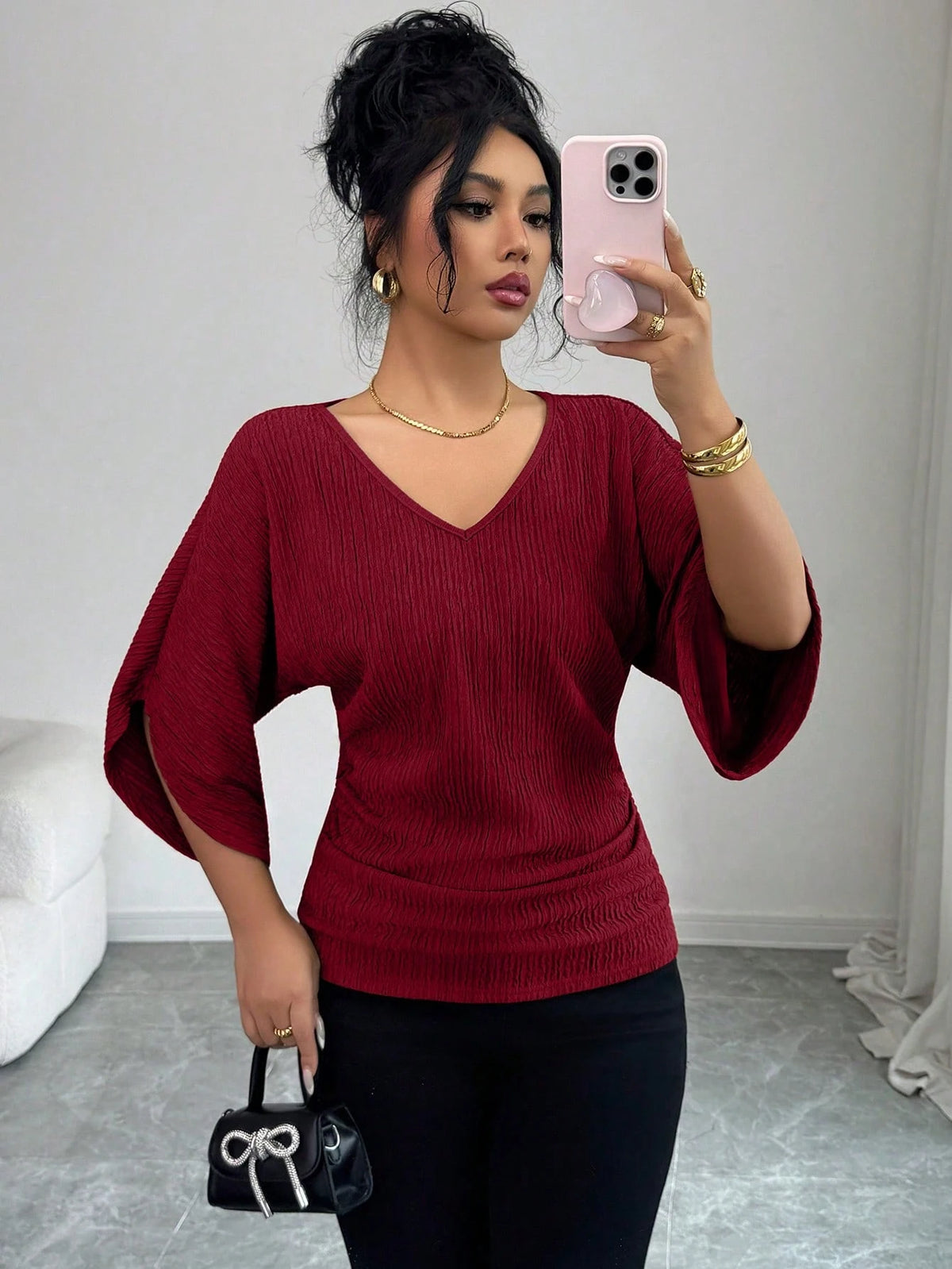 Elenzga Women's Solid Color Textured Fabric V-Neck Loose Waist Ruched Design Elegant T-Shirt, High-Quality Gift For Birthday, Date, Party In Autumn