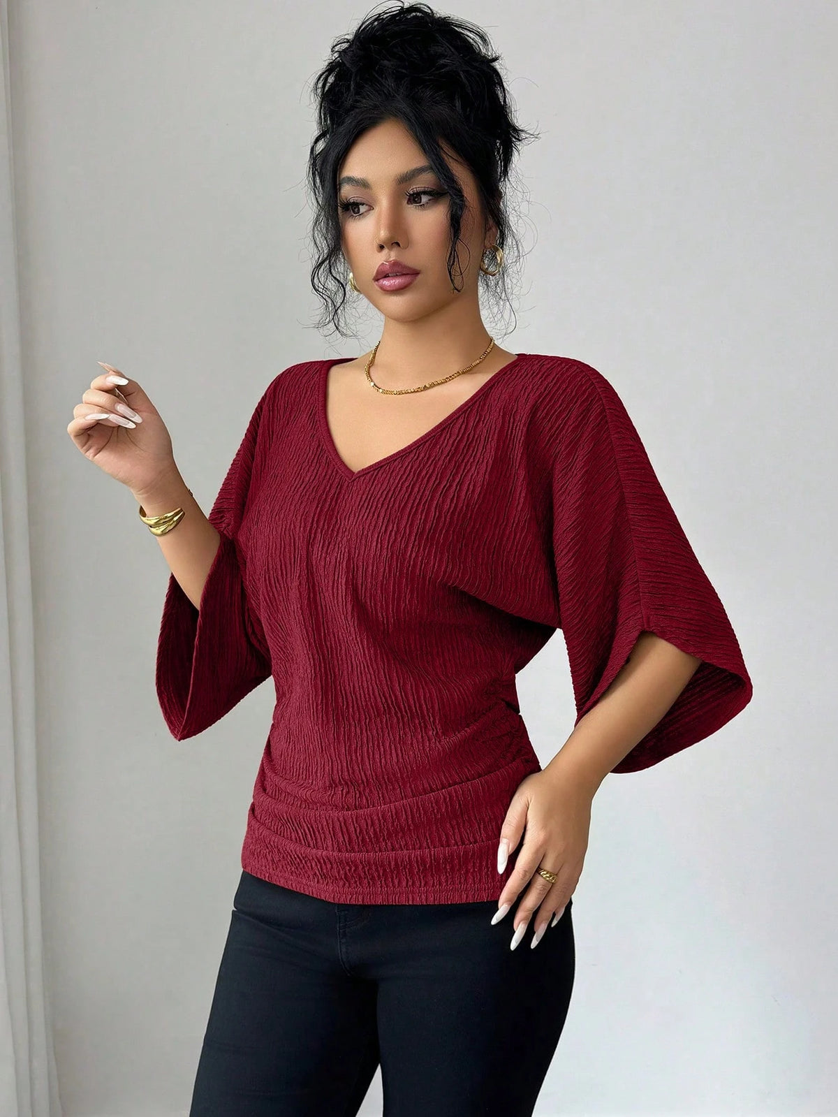 Elenzga Women's Solid Color Textured Fabric V-Neck Loose Waist Ruched Design Elegant T-Shirt, High-Quality Gift For Birthday, Date, Party In Autumn