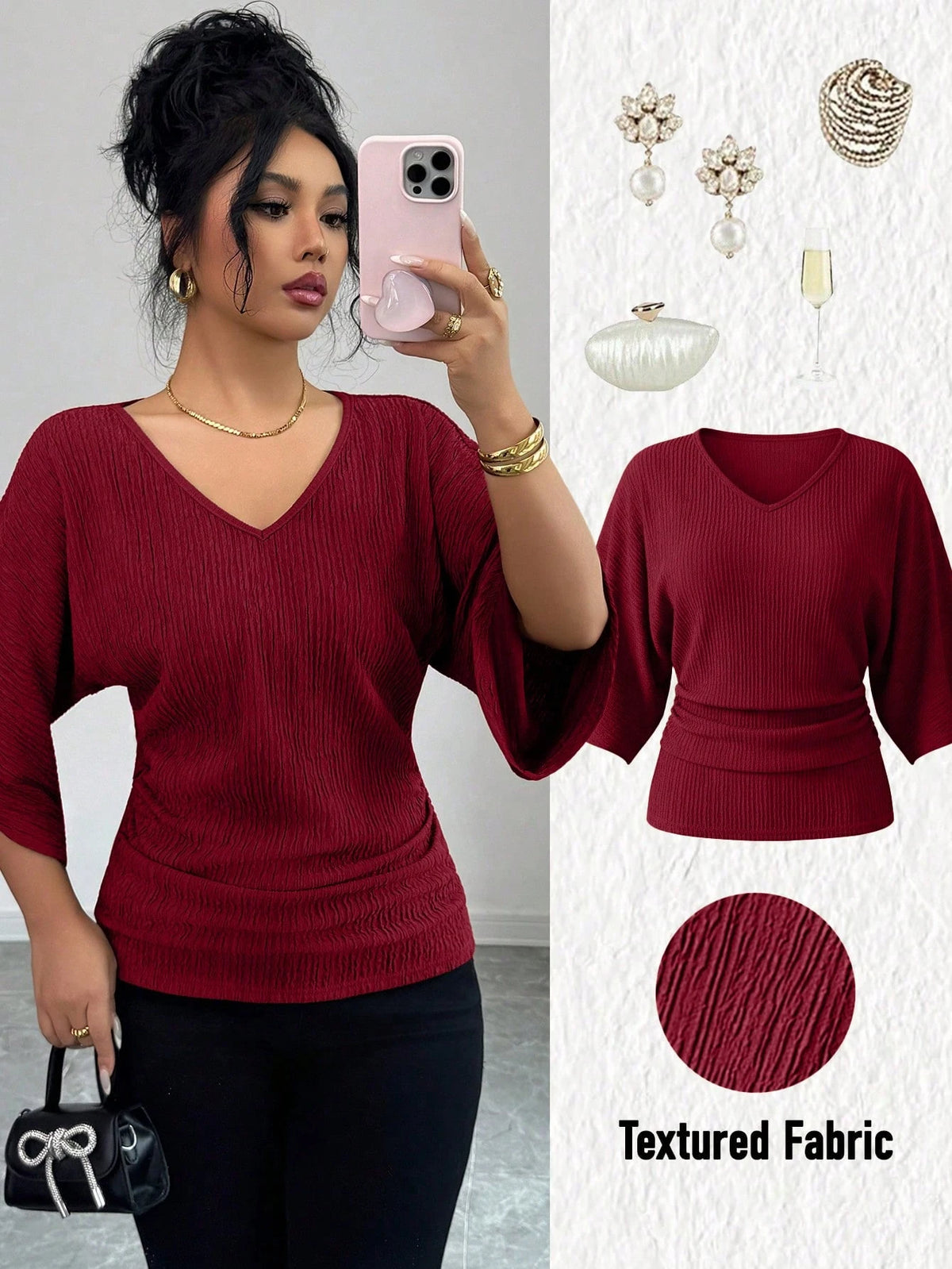 Elenzga Women's Solid Color Textured Fabric V-Neck Loose Waist Ruched Design Elegant T-Shirt, High-Quality Gift For Birthday, Date, Party In Autumn