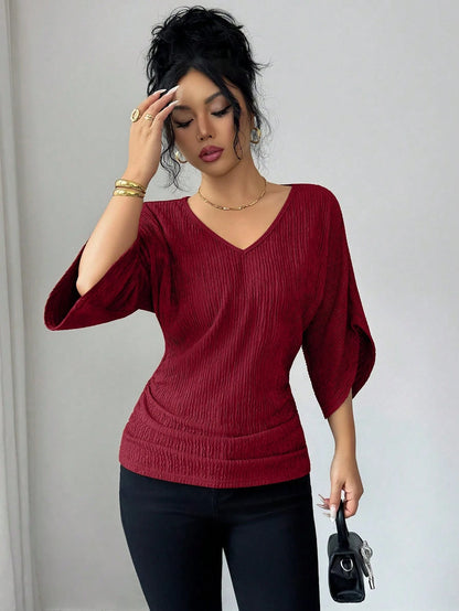 Elenzga Women's Solid Color Textured Fabric V-Neck Loose Waist Ruched Design Elegant T-Shirt, High-Quality Gift For Birthday, Date, Party In Autumn