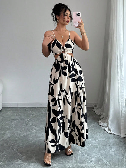 Elenzga Women's Summer New Arrivals Spaghetti Strap Cinched Waist Floral Print Dress (Random Floral Print Cut)