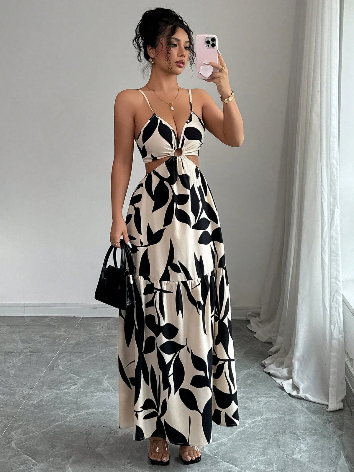 Elenzga Women's Summer New Arrivals Spaghetti Strap Cinched Waist Floral Print Dress (Random Floral Print Cut)