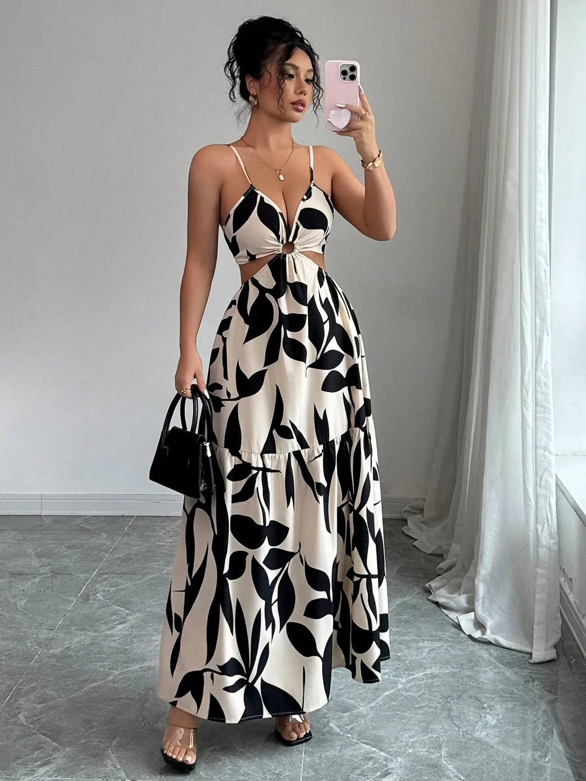 Elenzga Women's Summer New Arrivals Spaghetti Strap Cinched Waist Floral Print Dress (Random Floral Print Cut)