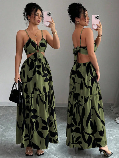 Elenzga Women's Summer New Arrivals Spaghetti Strap Cinched Waist Floral Print Dress (Random Floral Print Cut)
