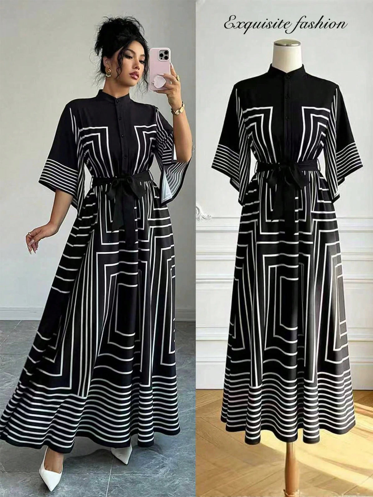 Elenzga Women Summer Geometric Pattern Asymmetrical Mid-Sleeve Black White Striped Open Front Cinched Waist A-Line Long Dress, Autumn, Elegant, Modest, Party, Office