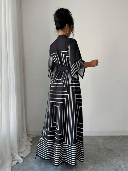 Elenzga Women Summer Geometric Pattern Asymmetrical Mid-Sleeve Black White Striped Open Front Cinched Waist A-Line Long Dress, Autumn, Elegant, Modest, Party, Office