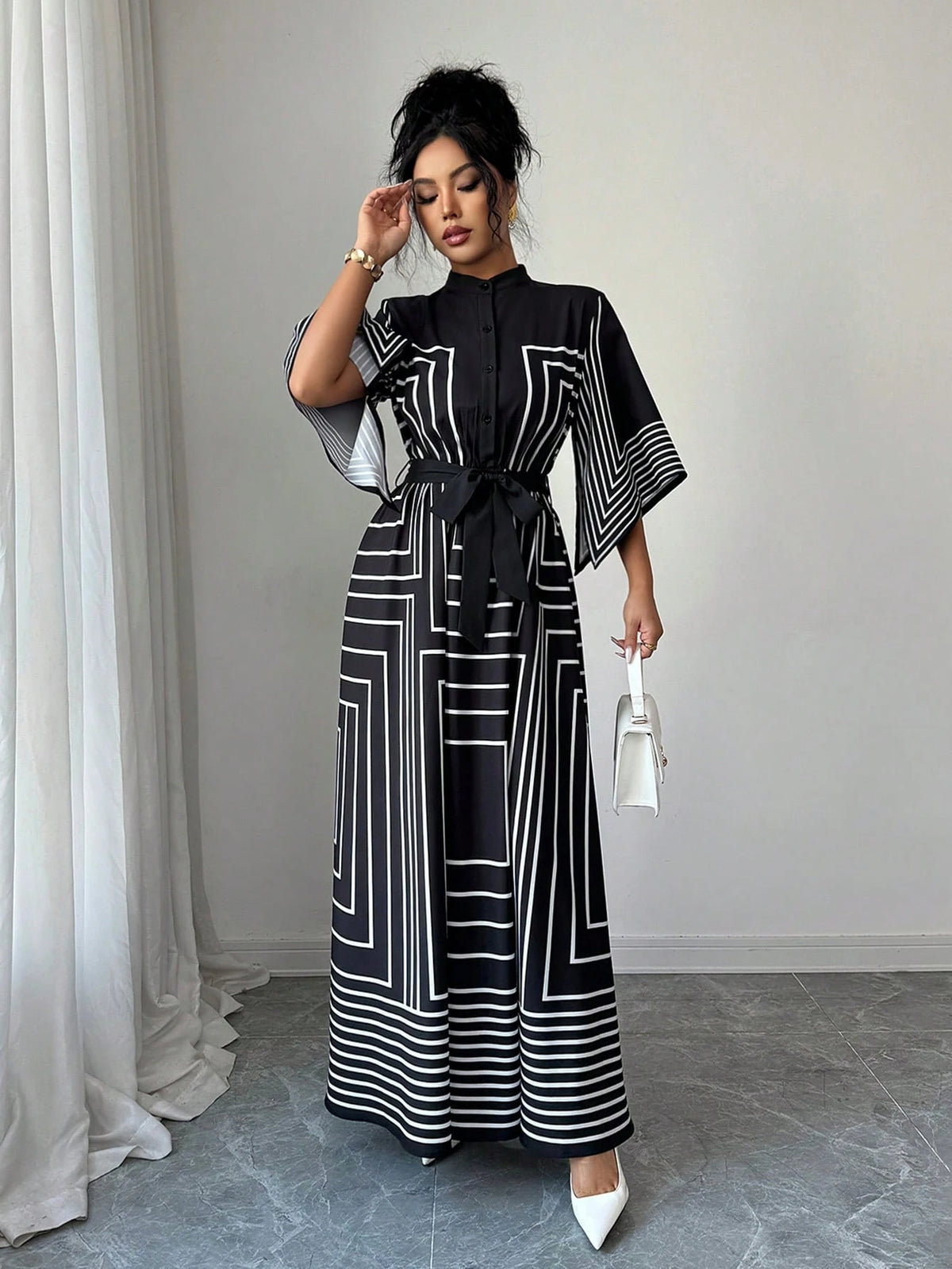 Elenzga Women Summer Geometric Pattern Asymmetrical Mid-Sleeve Black White Striped Open Front Cinched Waist A-Line Long Dress, Autumn, Elegant, Modest, Party, Office