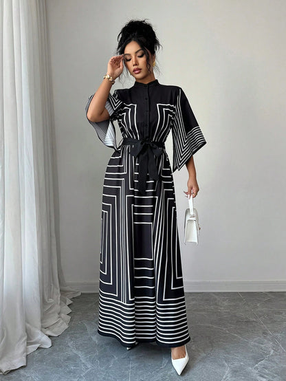 Elenzga Women Summer Geometric Pattern Asymmetrical Mid-Sleeve Black White Striped Open Front Cinched Waist A-Line Long Dress, Autumn, Elegant, Modest, Party, Office