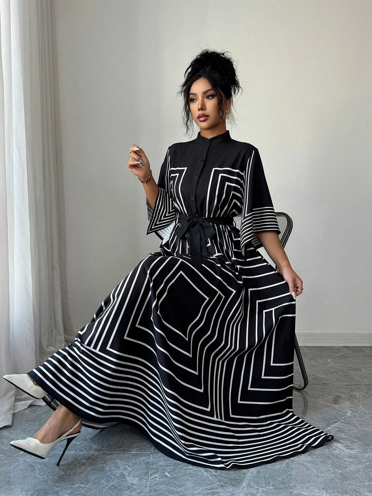 Elenzga Women Summer Geometric Pattern Asymmetrical Mid-Sleeve Black White Striped Open Front Cinched Waist A-Line Long Dress, Autumn, Elegant, Modest, Party, Office