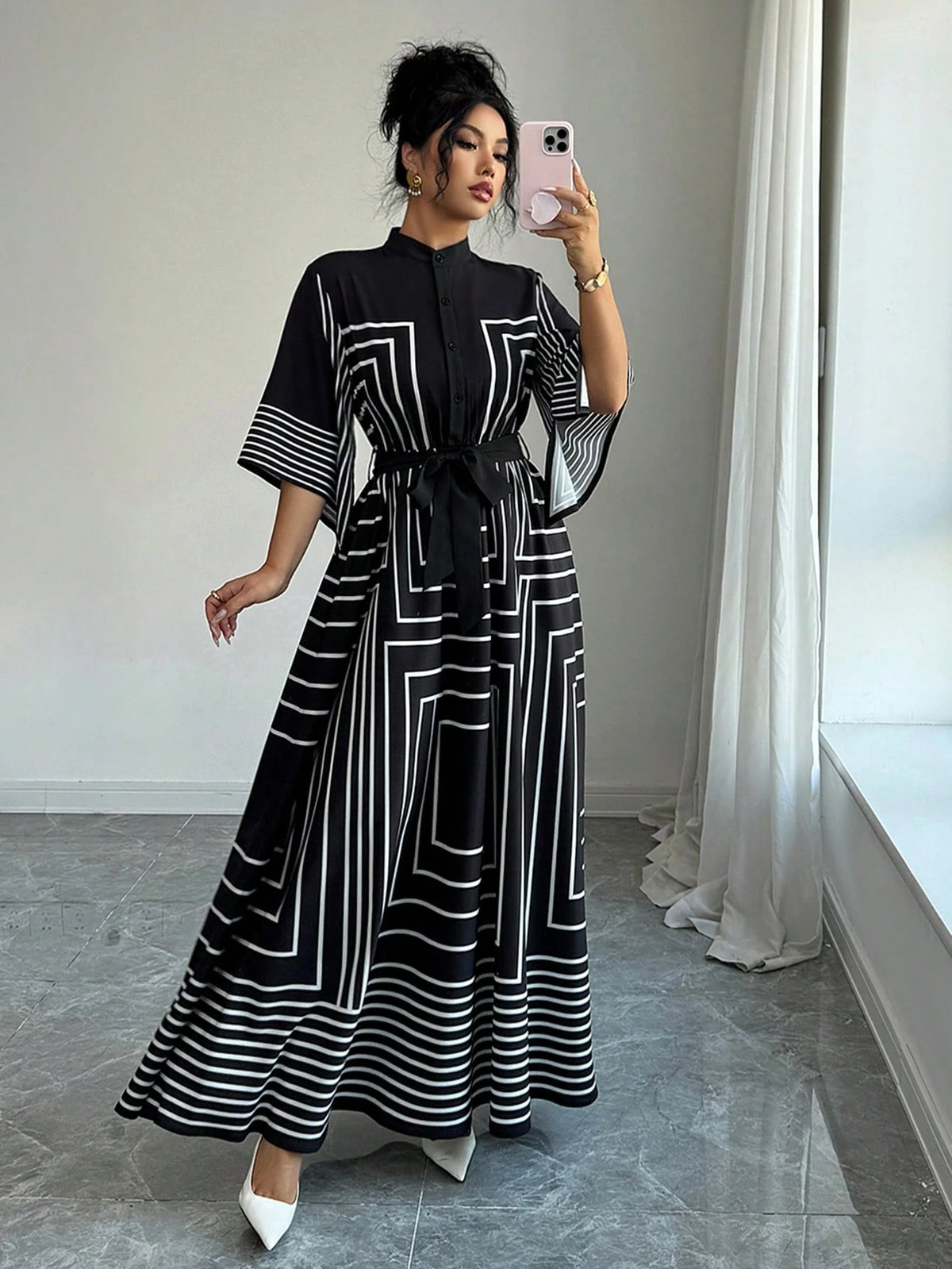 Elenzga Women Summer Geometric Pattern Asymmetrical Mid-Sleeve Black White Striped Open Front Cinched Waist A-Line Long Dress, Autumn, Elegant, Modest, Party, Office