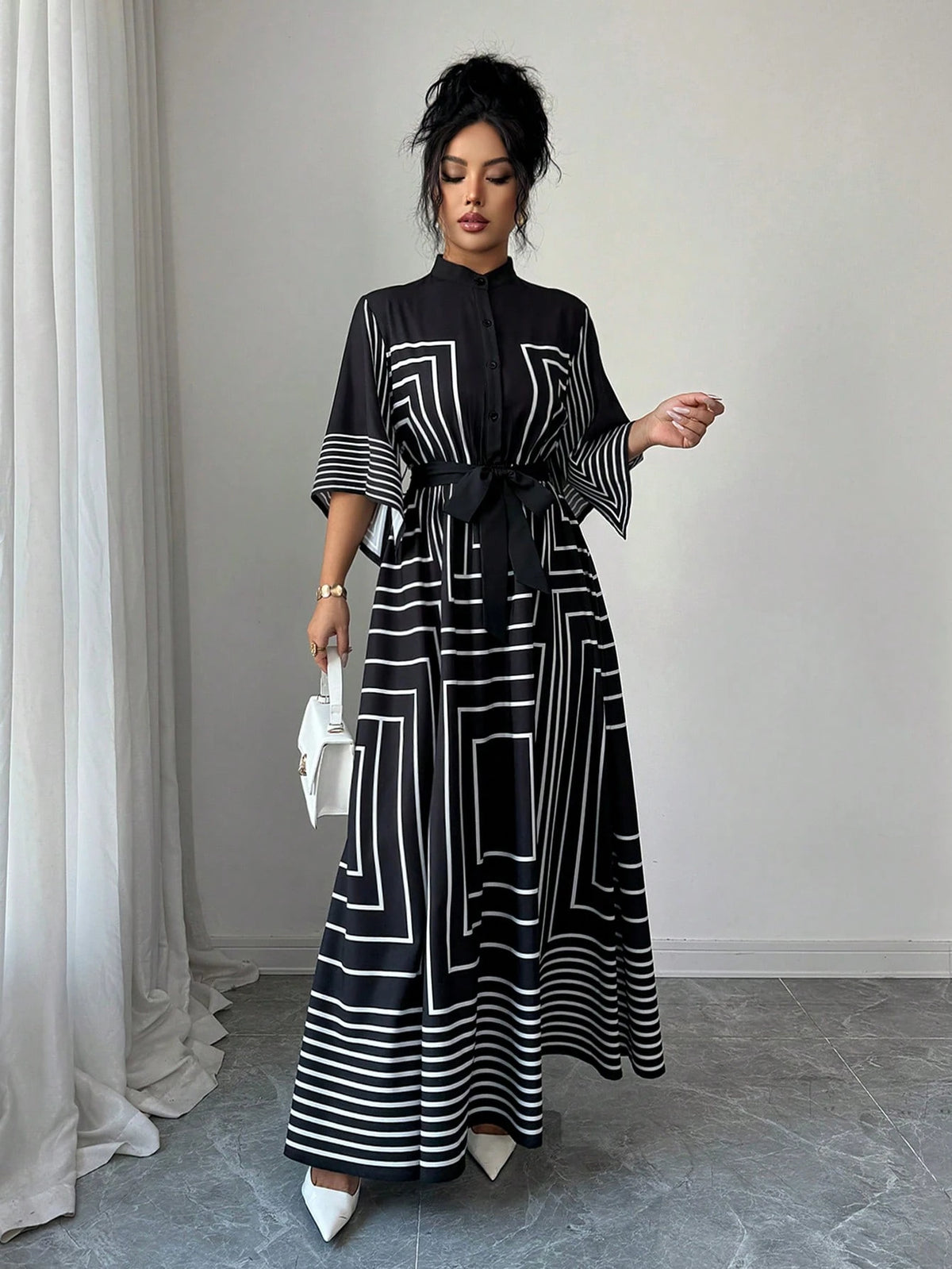 Elenzga Women Summer Geometric Pattern Asymmetrical Mid-Sleeve Black White Striped Open Front Cinched Waist A-Line Long Dress, Autumn, Elegant, Modest, Party, Office