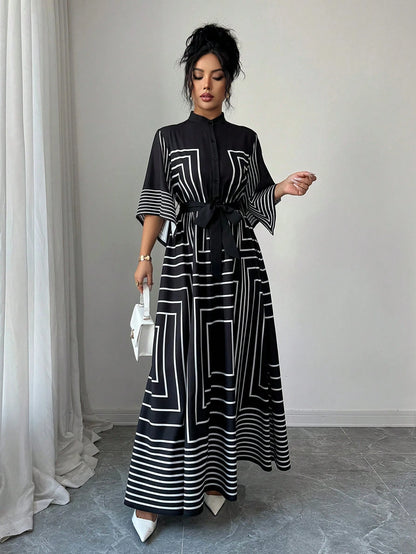 Elenzga Women Summer Geometric Pattern Asymmetrical Mid-Sleeve Black White Striped Open Front Cinched Waist A-Line Long Dress, Autumn, Elegant, Modest, Party, Office