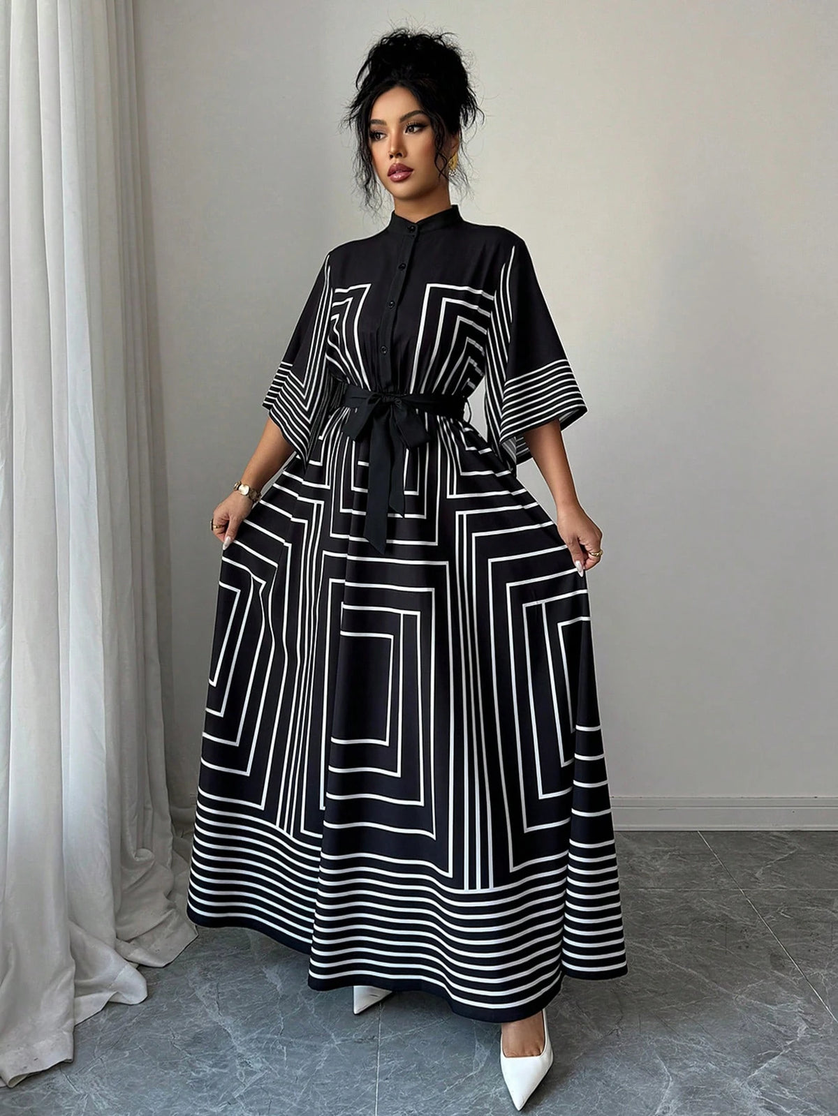 Elenzga Women Summer Geometric Pattern Asymmetrical Mid-Sleeve Black White Striped Open Front Cinched Waist A-Line Long Dress, Autumn, Elegant, Modest, Party, Office