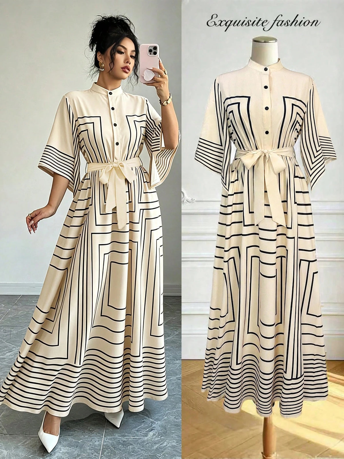 Elenzga Women Summer Geometric Pattern Asymmetrical Mid-Sleeve Black White Striped Open Front Cinched Waist A-Line Long Dress, Autumn, Elegant, Modest, Party, Office