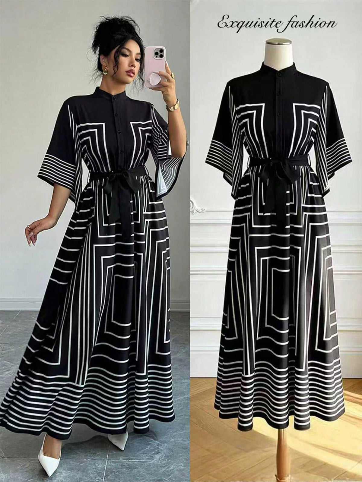 Elenzga Women Summer Geometric Pattern Asymmetrical Mid-Sleeve Black White Striped Open Front Cinched Waist A-Line Long Dress, Autumn, Elegant, Modest, Party, Office