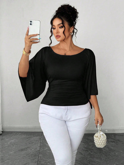 Elenzya Plus Size Women's Knitted High Stretch Bell Sleeve Round Neck Solid Color Elegant T-Shirt Fall