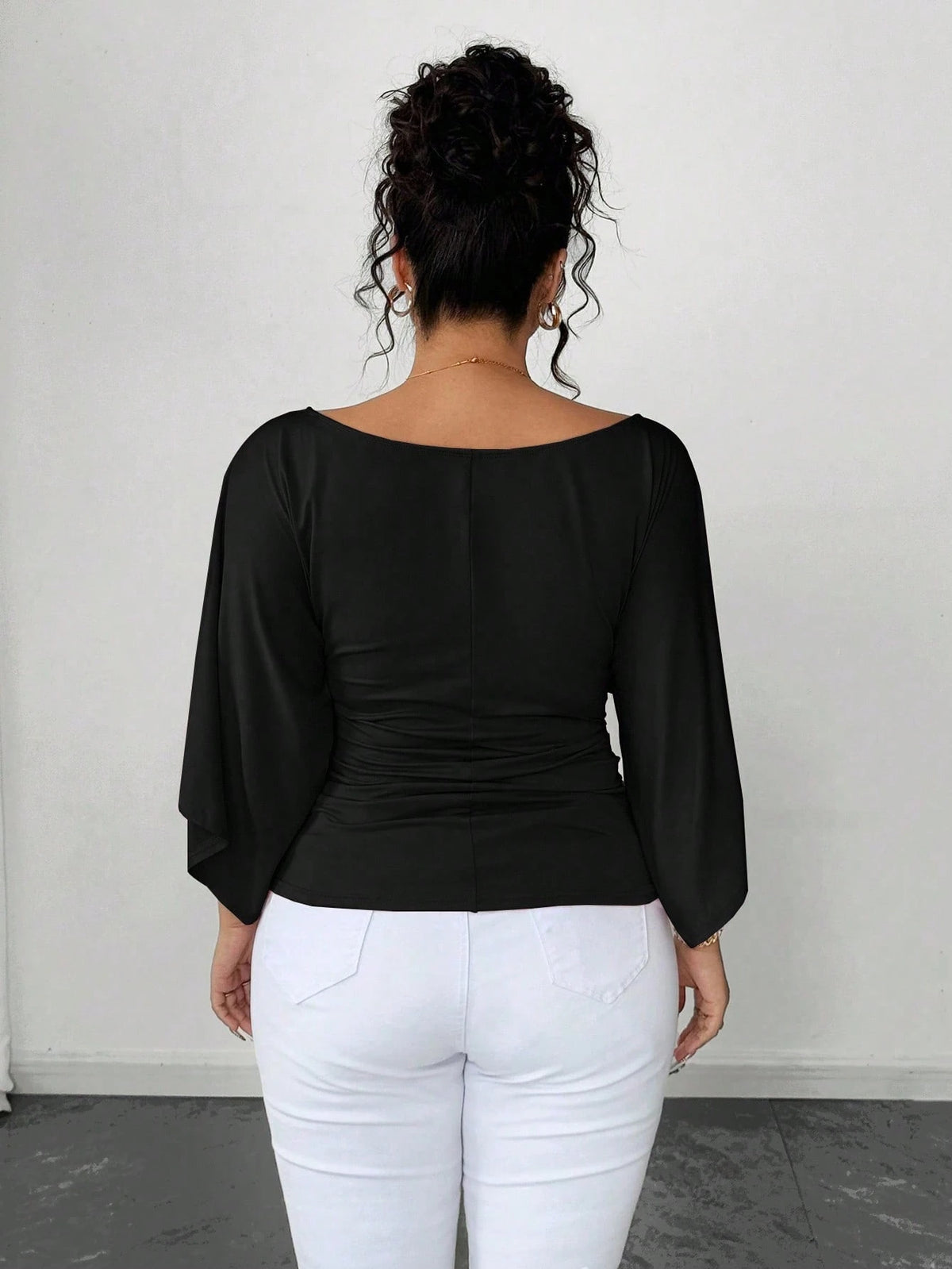Elenzya Plus Size Women's Knitted High Stretch Bell Sleeve Round Neck Solid Color Elegant T-Shirt Fall