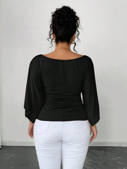 Elenzya Plus Size Women's Knitted High Stretch Bell Sleeve Round Neck Solid Color Elegant T-Shirt Fall