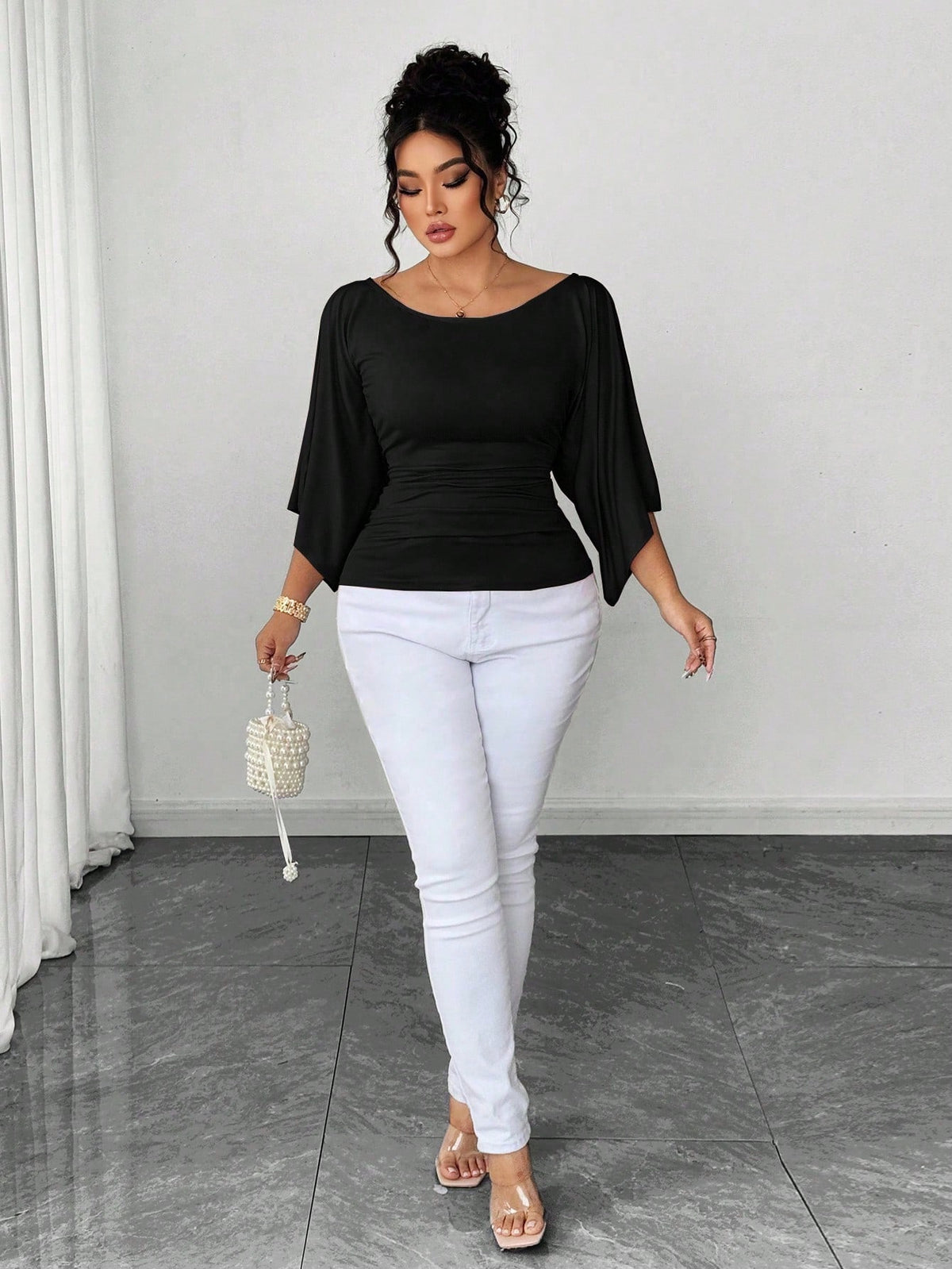 Elenzya Plus Size Women's Knitted High Stretch Bell Sleeve Round Neck Solid Color Elegant T-Shirt Fall