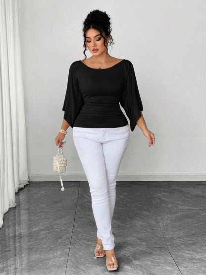 Elenzya Plus Size Women's Knitted High Stretch Bell Sleeve Round Neck Solid Color Elegant T-Shirt Fall