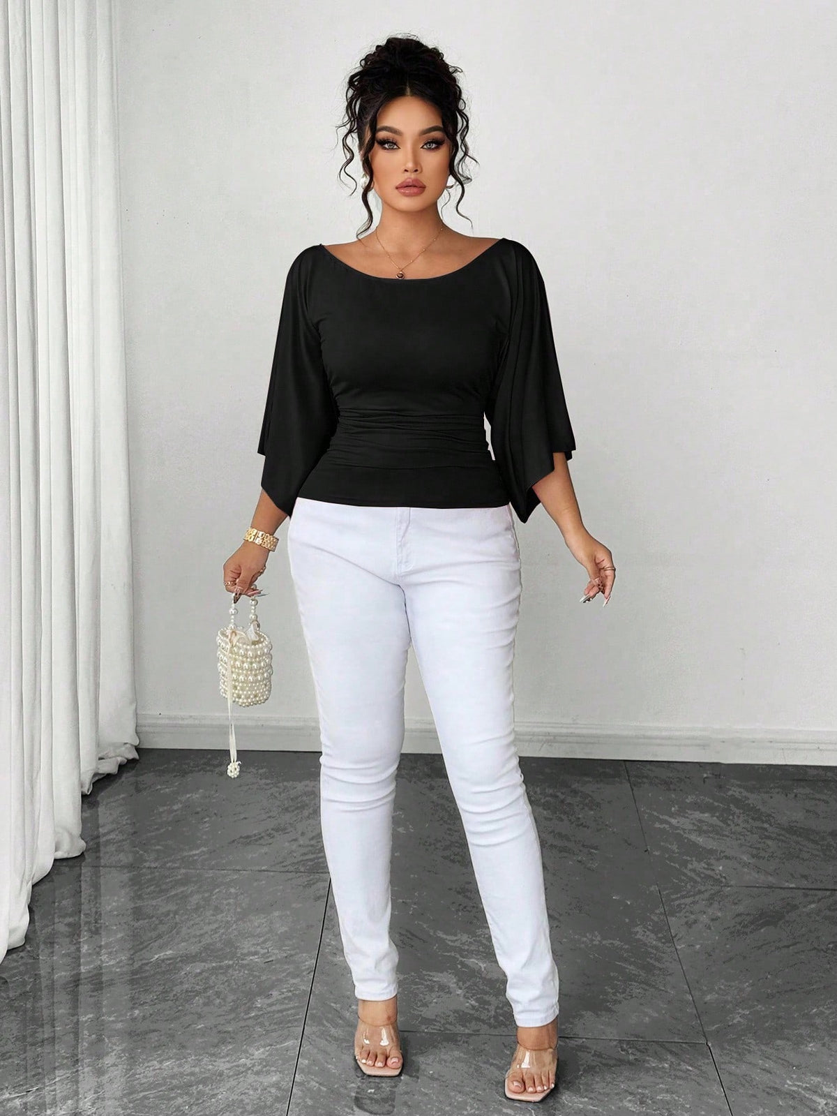 Elenzya Plus Size Women's Knitted High Stretch Bell Sleeve Round Neck Solid Color Elegant T-Shirt Fall