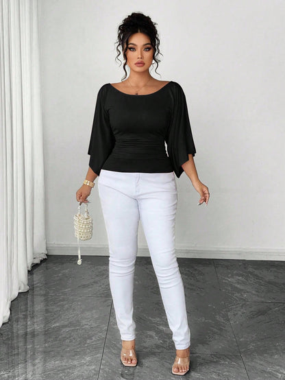 Elenzya Plus Size Women's Knitted High Stretch Bell Sleeve Round Neck Solid Color Elegant T-Shirt Fall