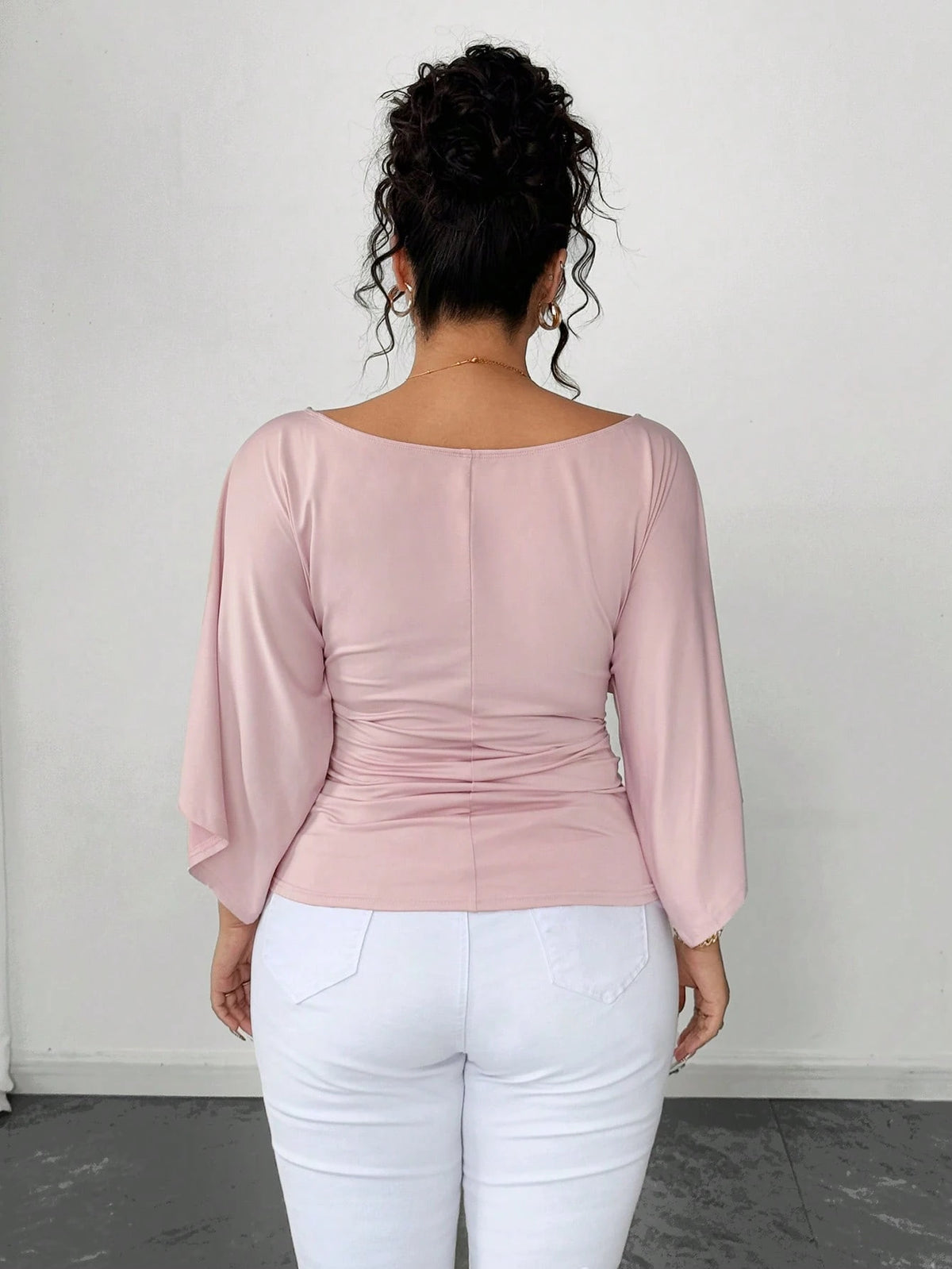 Elenzya Plus Size Women's Knitted High Stretch Bell Sleeve Round Neck Solid Color Elegant T-Shirt Fall