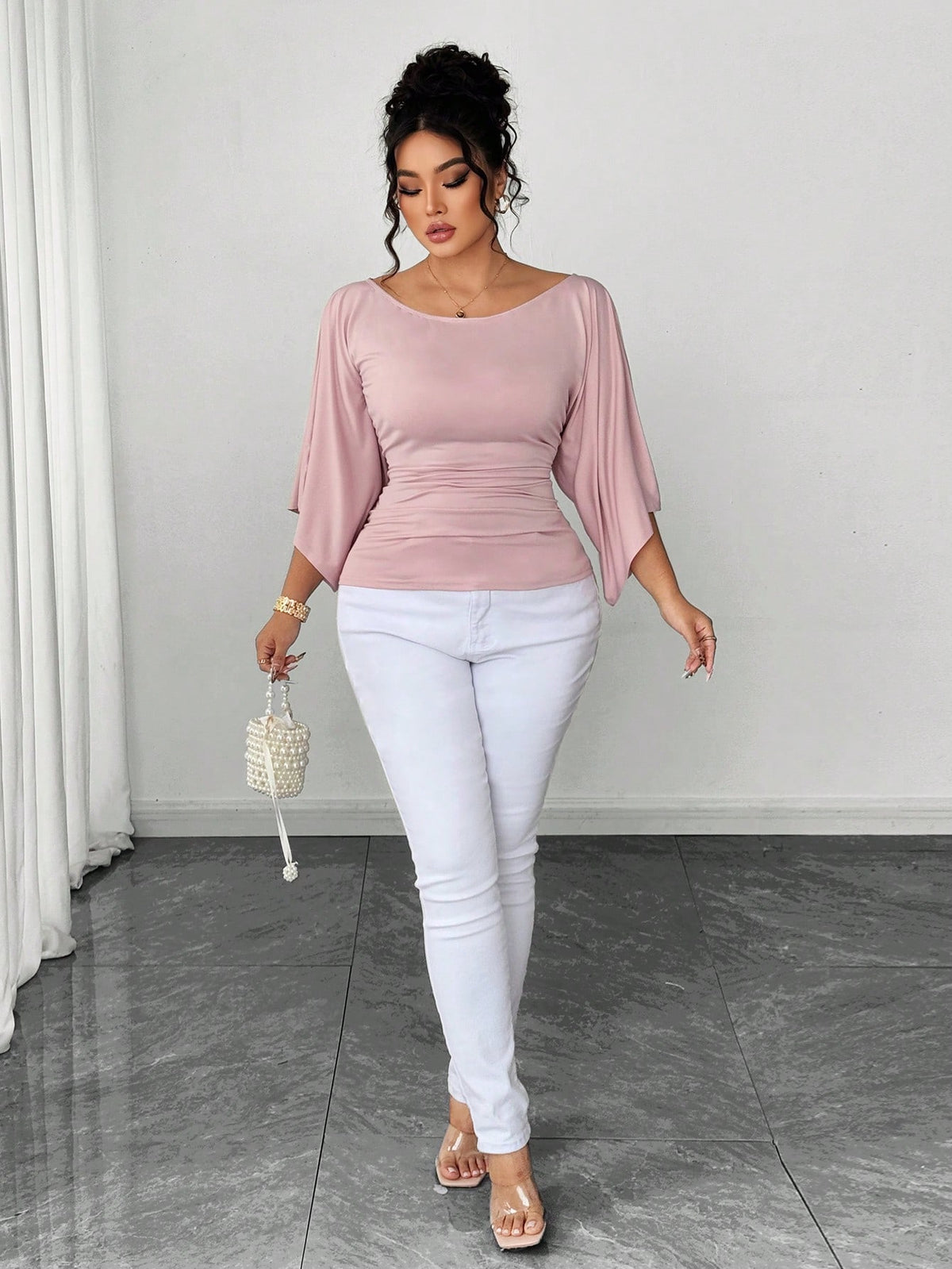 Elenzya Plus Size Women's Knitted High Stretch Bell Sleeve Round Neck Solid Color Elegant T-Shirt Fall