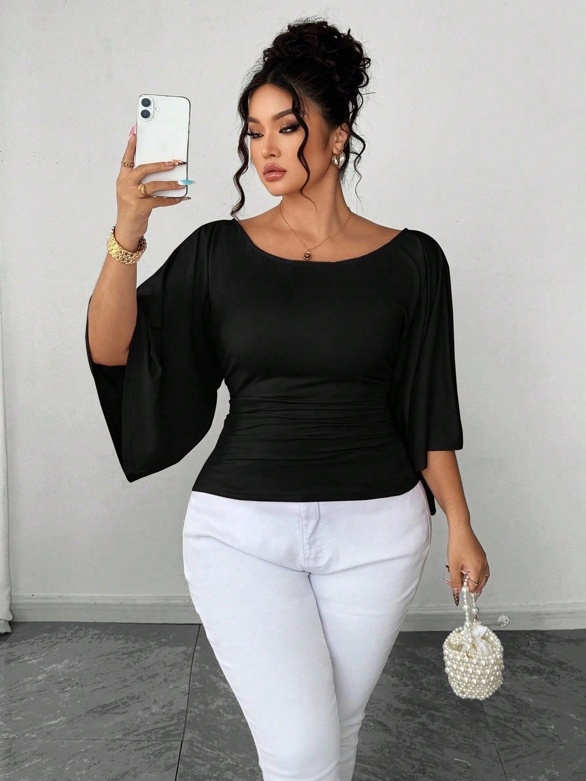 Elenzya Plus Size Women's Knitted High Stretch Bell Sleeve Round Neck Solid Color Elegant T-Shirt Fall
