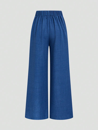 Elenzya Women's Solid Color Elastic Waist Casual Loose Wide Leg Pants
