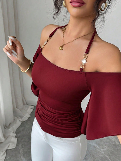 Elenzya Women's Solid Color Spaghetti Strap Spaghetti Strap T-Shirt, Off-Shoulder Half Sleeve Minimalist Elegant Fitted Ruched Top, New Spring/Summer Daily, Commute, Music Festival, Dinner, Part