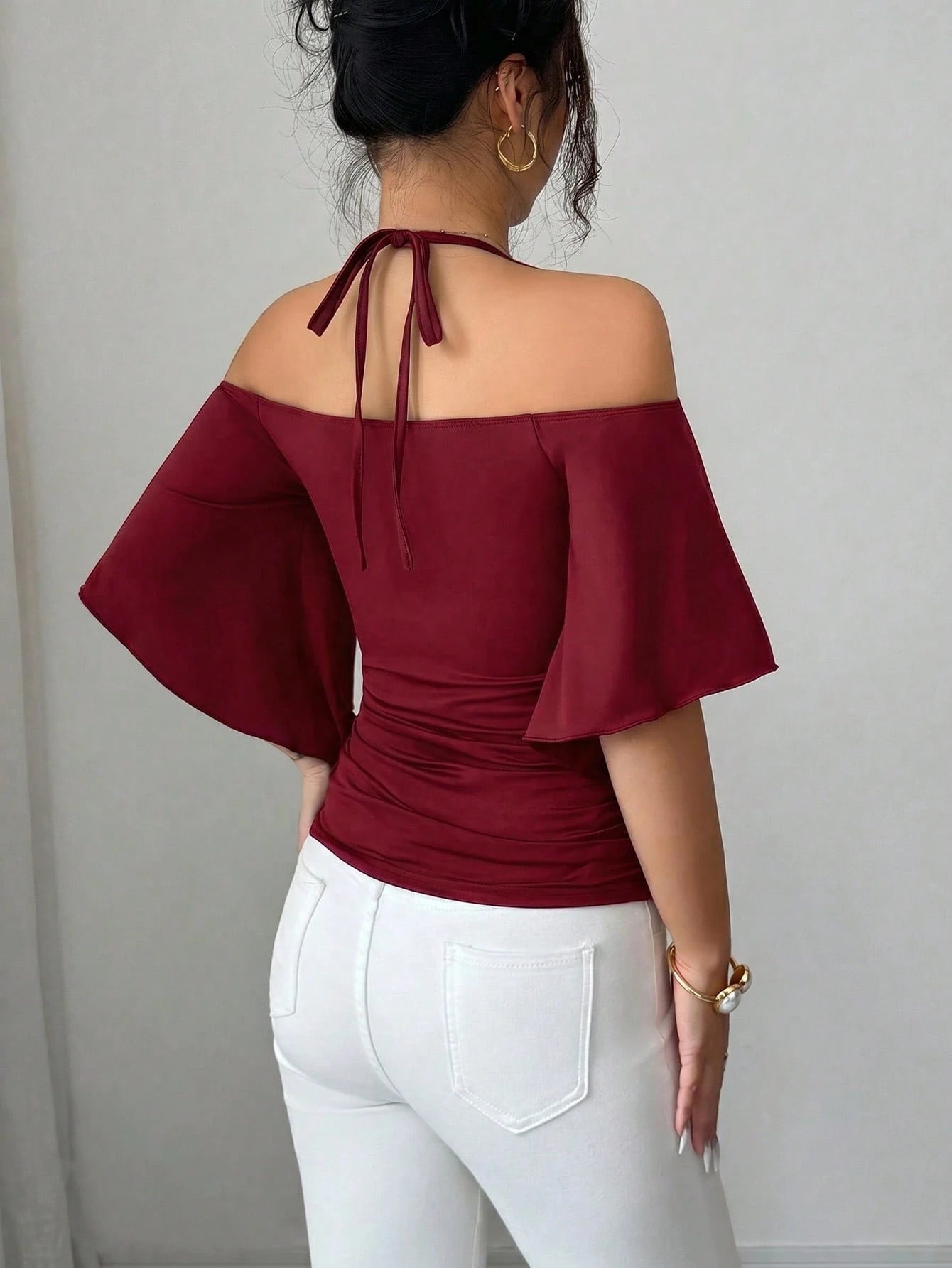 Elenzya Women's Solid Color Spaghetti Strap Spaghetti Strap T-Shirt, Off-Shoulder Half Sleeve Minimalist Elegant Fitted Ruched Top, New Spring/Summer Daily, Commute, Music Festival, Dinner, Part