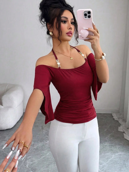 Elenzya Women's Solid Color Spaghetti Strap Spaghetti Strap T-Shirt, Off-Shoulder Half Sleeve Minimalist Elegant Fitted Ruched Top, New Spring/Summer Daily, Commute, Music Festival, Dinner, Part