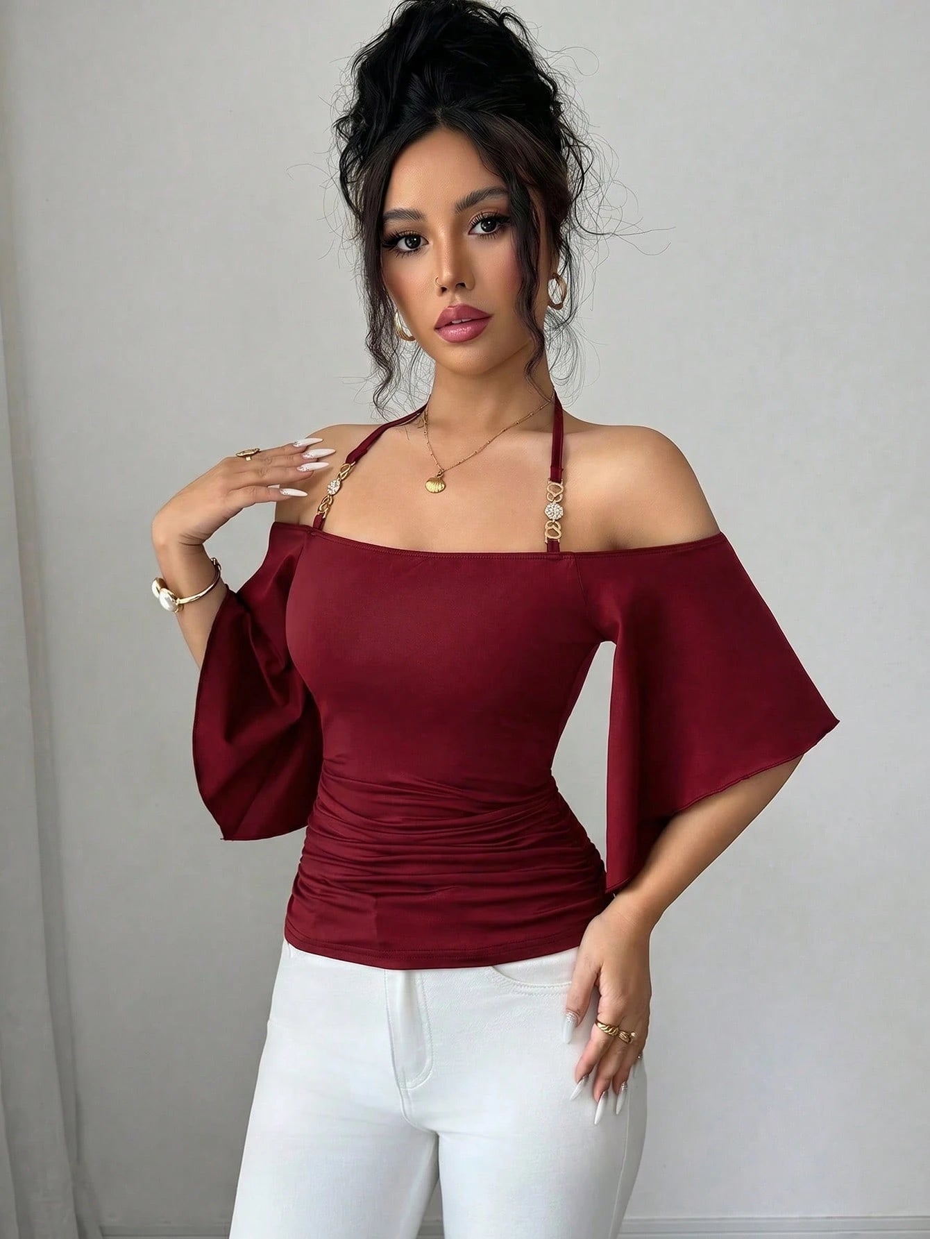 Elenzya Women's Solid Color Spaghetti Strap Spaghetti Strap T-Shirt, Off-Shoulder Half Sleeve Minimalist Elegant Fitted Ruched Top, New Spring/Summer Daily, Commute, Music Festival, Dinner, Part