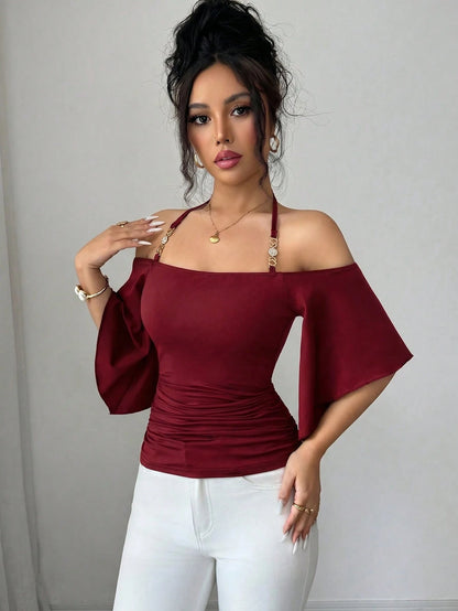 Elenzya Women's Solid Color Spaghetti Strap Spaghetti Strap T-Shirt, Off-Shoulder Half Sleeve Minimalist Elegant Fitted Ruched Top, New Spring/Summer Daily, Commute, Music Festival, Dinner, Part