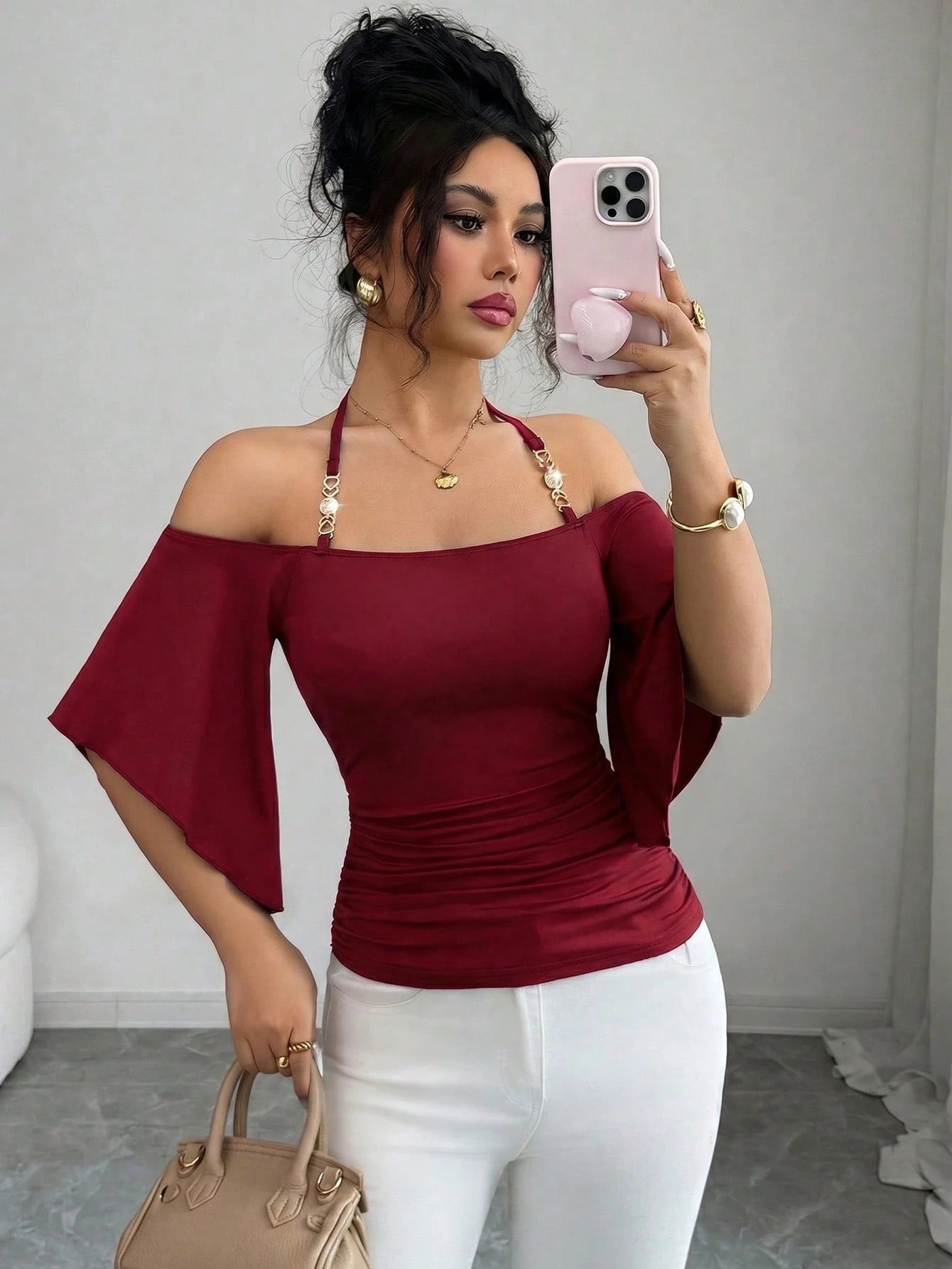 Elenzya Women's Solid Color Spaghetti Strap Spaghetti Strap T-Shirt, Off-Shoulder Half Sleeve Minimalist Elegant Fitted Ruched Top, New Spring/Summer Daily, Commute, Music Festival, Dinner, Part