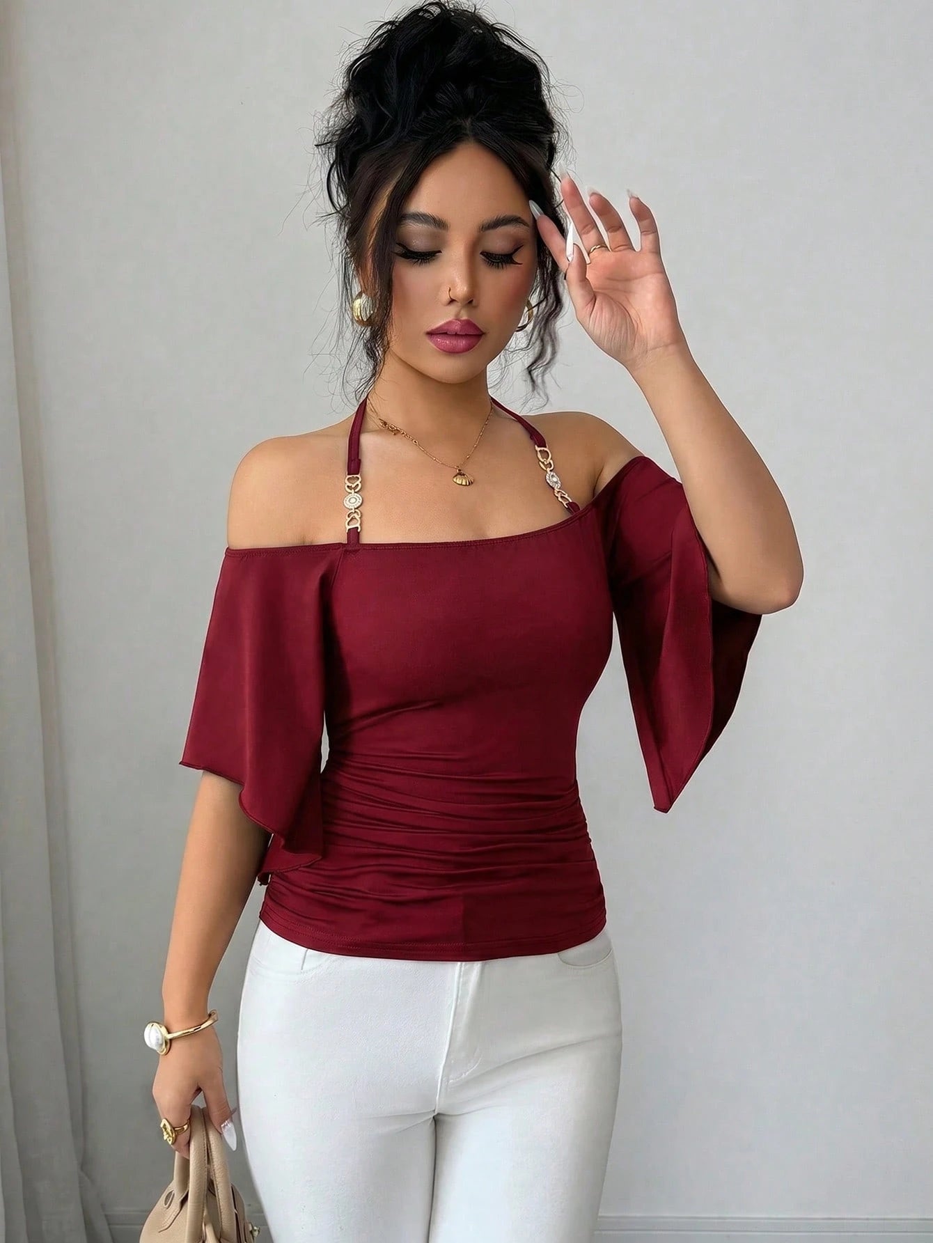 Elenzya Women's Solid Color Spaghetti Strap Spaghetti Strap T-Shirt, Off-Shoulder Half Sleeve Minimalist Elegant Fitted Ruched Top, New Spring/Summer Daily, Commute, Music Festival, Dinner, Part