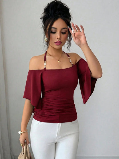 Elenzya Women's Solid Color Spaghetti Strap Spaghetti Strap T-Shirt, Off-Shoulder Half Sleeve Minimalist Elegant Fitted Ruched Top, New Spring/Summer Daily, Commute, Music Festival, Dinner, Part