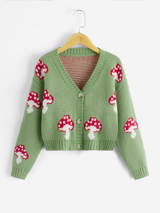Elladie kids Tween Girl Mushroom Pattern Drop Shoulder Cardigan
