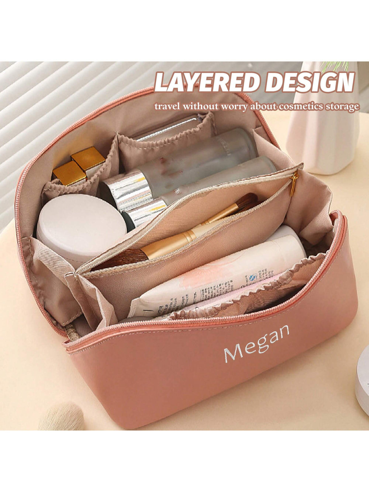Embroidered Soft PU Leather Makeup Bag Large Capacity Cosmetic Bag Bridesmaid Gift Bag Bridal Party Gift Makeup Storage Bag Women's Toiletry Bag Makeup Bag Bridal Party Gift Toiletry Bag Bridesmaid Gi