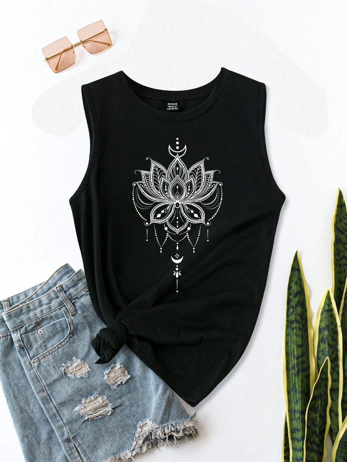 EMERY ROSE Casual Minimalist Lotus Flower Pattern Regular Sleeveless Thick Strap Women Tank Top,Casual