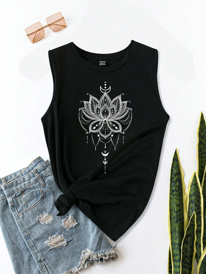EMERY ROSE Casual Minimalist Lotus Flower Pattern Regular Sleeveless Thick Strap Women Tank Top,Casual