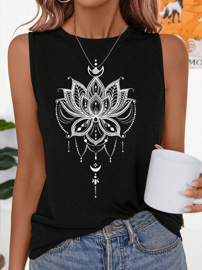 EMERY ROSE Casual Minimalist Lotus Flower Pattern Regular Sleeveless Thick Strap Women Tank Top,Casual